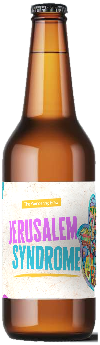 A bottle of Jerusalem Syndrome, its watercolour hamsa label on plaster.