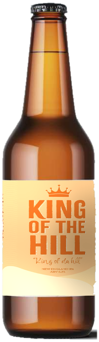 A bottle of King of the Hill, peach label with a crown.