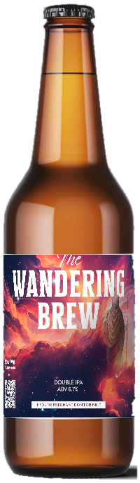 A bottle of The Wandering Brew, a robed figure walking into a burning nebula.